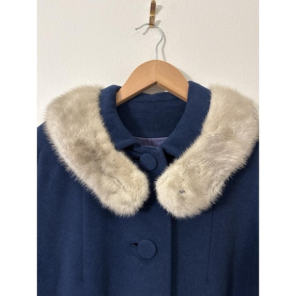 VTG 1950s 1960s Dan Berné Wool Swing Coat Faux Mink Fur Collar Blue Union USA - Picture 2 of 11